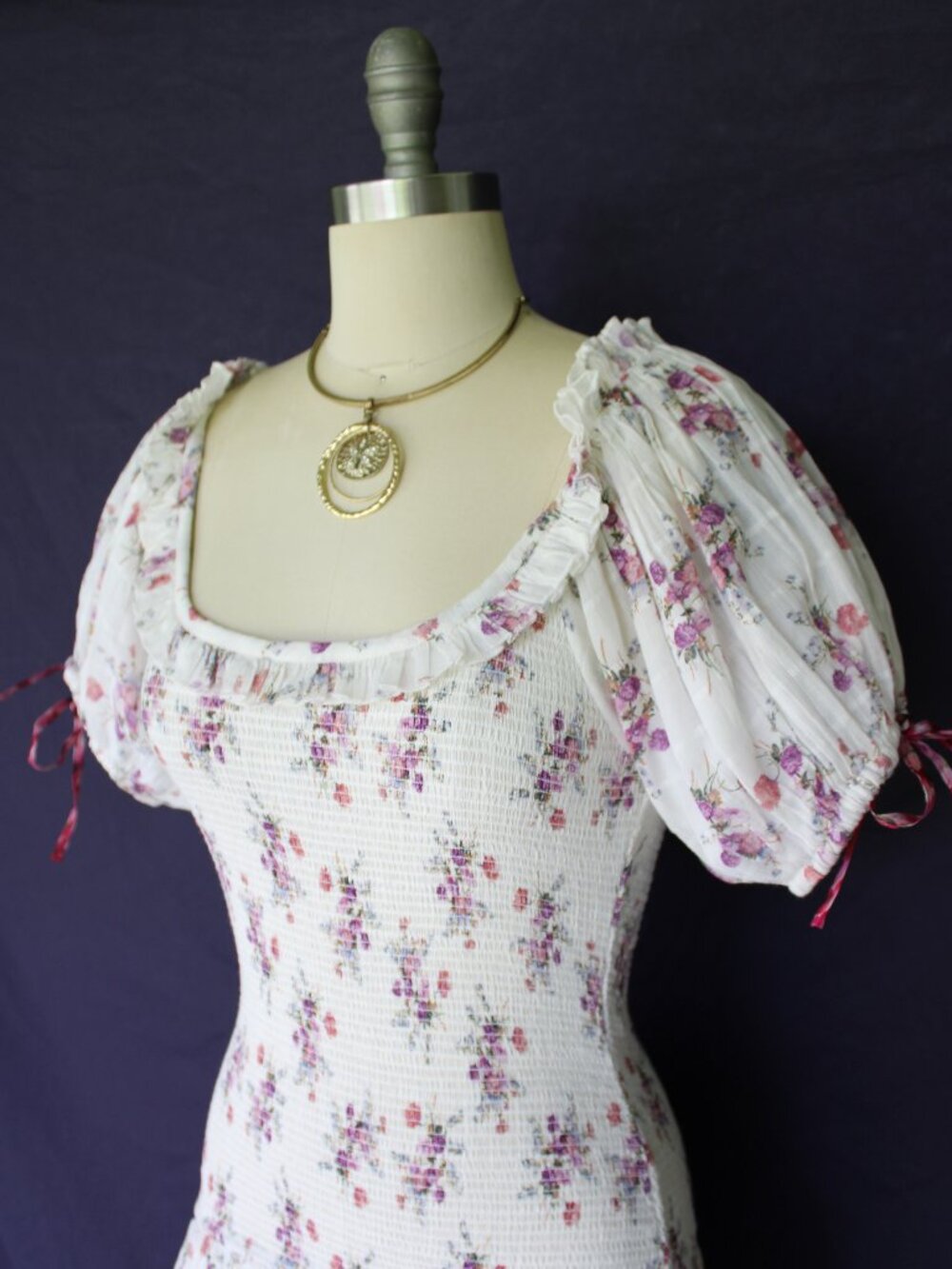 LoveShackFancy X AERIN Violet Smocked floral Puff Sleeve ruffle Mini tunic Dress - Picture 10 of 12